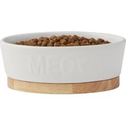 Frisco Oval Meow Non-skid Ceramic Cat Bowl With Wood Base -Frisco 256080 PT3. AC SS1800 V1615312053