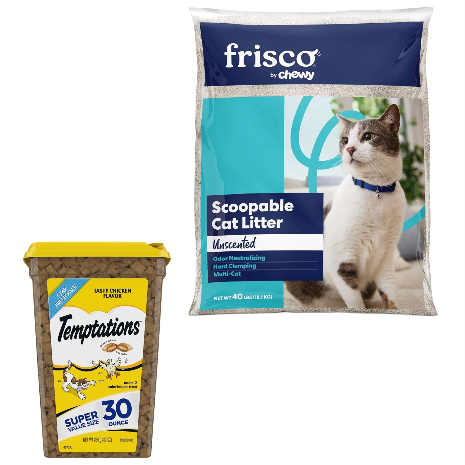 Temptations Classic Tasty Chicken Flavor Soft & Crunchy Cat Treats & Frisco Multi-Cat Unscented Clumping Clay Cat Litter 3 Temptations Classic Tasty Chicken Flavor Soft & Crunchy Cat Treats & Frisco Multi-Cat Unscented Clumping Clay Cat Litter