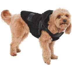 Frisco Medium Weight Faux Leather Dog & Cat Parka With Faux Fur Trimmed Hood, Black -Frisco 719798 PT2. AC SS1800 V1703184628