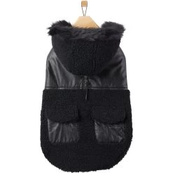 Frisco Medium Weight Faux Leather Dog & Cat Parka With Faux Fur Trimmed Hood, Black -Frisco 719798 PT3. AC SS1800 V1692978853