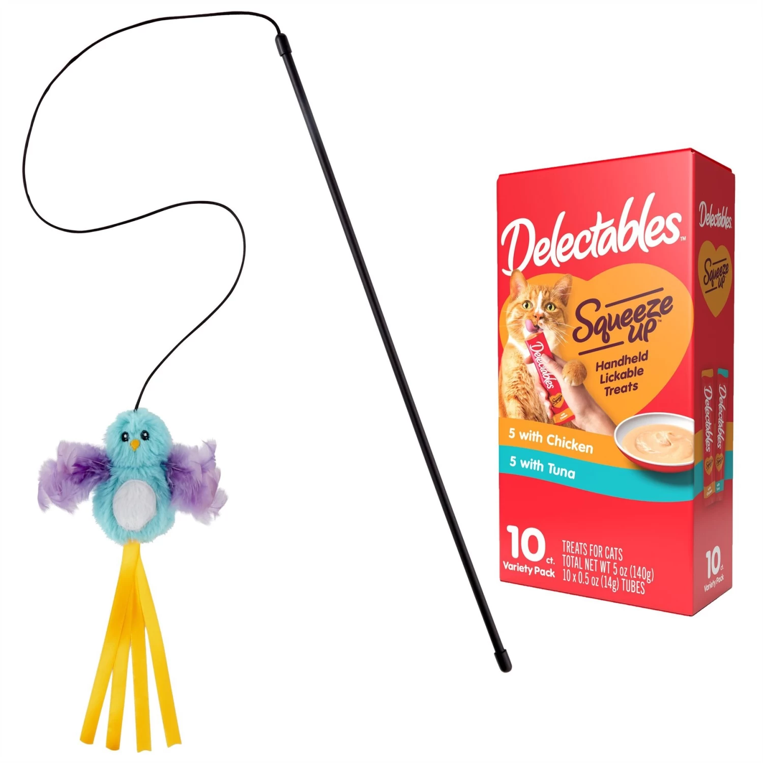 Hartz Delectables Squeeze Up Variety Pack Lickable Cat Treats & Frisco Bird With Feathers Teaser Wand Cat Toy With Catnip 3 Hartz Delectables Squeeze Up Variety Pack Lickable Cat Treats & Frisco Bird With Feathers Teaser Wand Cat Toy With Catnip