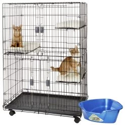 Frisco Collapsible Wire Cat Cage Playpen & Van Ness High Side Corner Cat Litter Pan, Blue